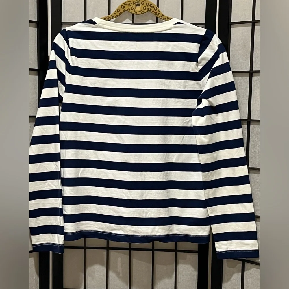 J. Crew Navy and White COASTAL Striped BUTTON SIDE TEE Top WOMEN SIZE M